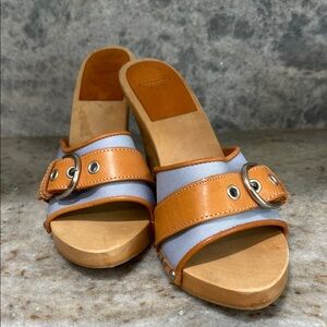 Coach Jackie Twill Pool Blue Canvas/Natural Leather Studded Open-toe Mule